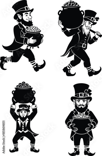 Four leprechauns with cauldrons isolated on white background, Vector, illustration