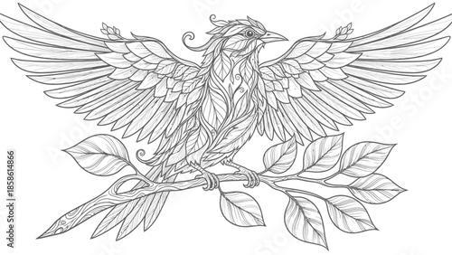 Majestic Phoenix Bird Outline with Detailed Feathers Perched on Branch, Mythical Creature, Isolated White Background.