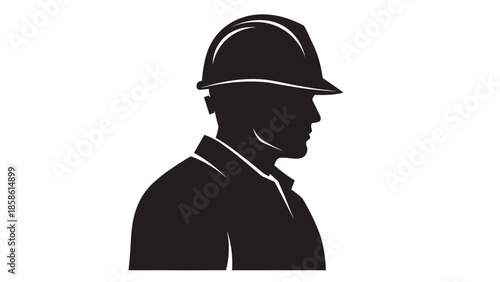 Male Construction Worker Head Silhouette Wearing Hard Hat, Professional Profile, Isolated White Background.