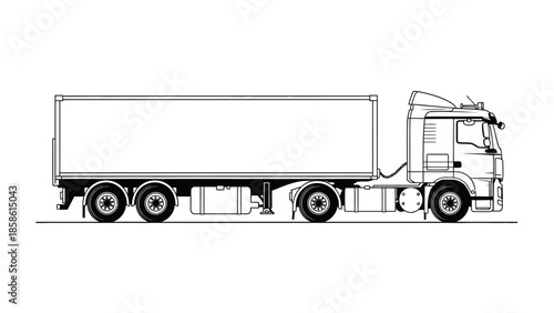 Detailed Outline of a Large Commercial Semi-Truck with Trailer or Freight Truck, Side View, Isolated White Background.