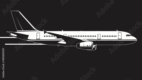 Modern Commercial Airplane or Passenger Jet in Silhouette, Side View, Isolated White Background.