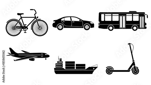 Collection of Diverse Transportation and Logistics Icons Including Bicycle, Car, Bus, Airplane, Ship, and Scooter, Isolated White Background.