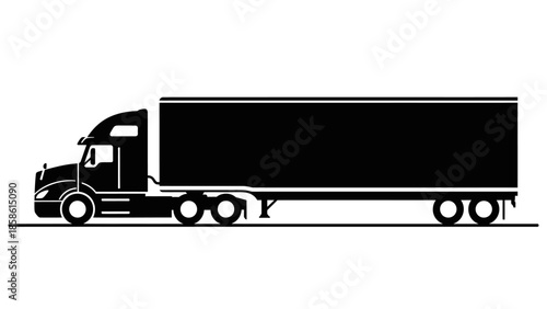 Large Commercial Semi-Truck with Trailer or Freight Truck in Silhouette, Side View, Isolated White Background.