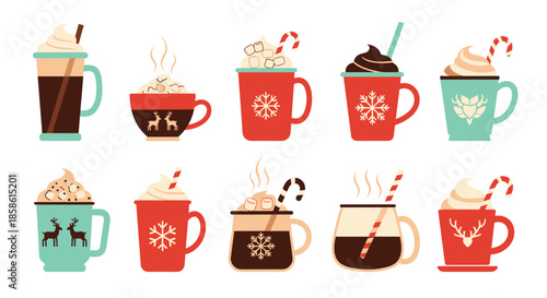 Colorful collection of ten festive Christmas mugs filled with hot chocolate coffee and other warm winter holiday drinks.