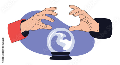 Two hands hovering over a glowing crystal ball performing a magical ritual to predict the future or tell a fortune.