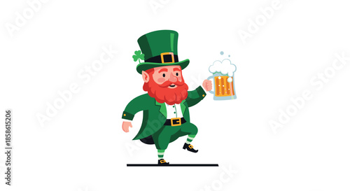 Cheerful cartoon leprechaun in a green suit and top hat dancing while holding a frothy mug of beer for St Patricks Day.