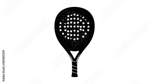 Detailed silhouette of a padel tennis racket with a perforated surface and handle, isolated white background