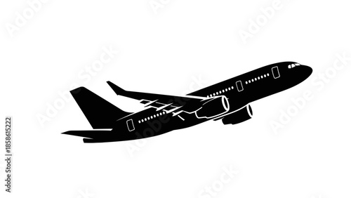 Black silhouette of a commercial passenger airplane in flight, isolated white background