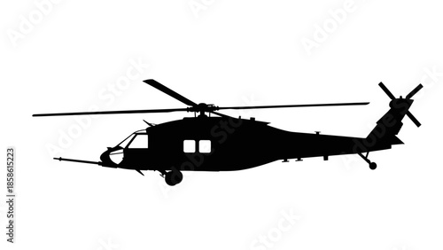 Silhouette of a large military or utility helicopter with strong rotors, isolated white background