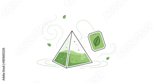 Modern pyramid tea bag filled with green tea leaves steeping in hot water creating ripples on a white background.