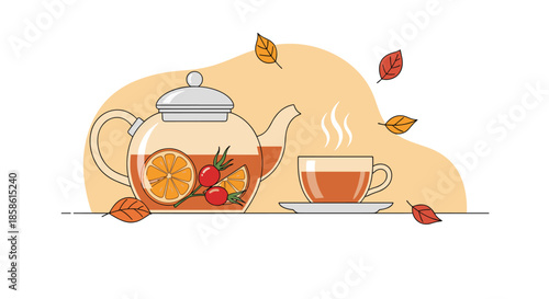 Cozy autumn scene with a glass teapot of hot herbal tea a cup and falling leaves against a warm-toned background.