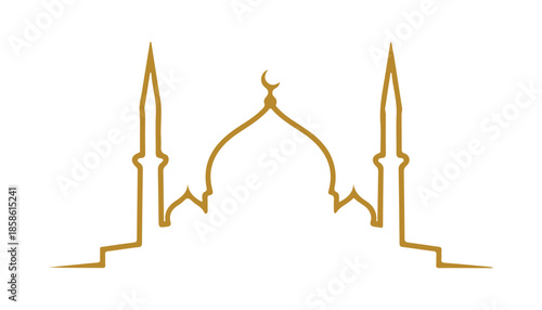 Line art of a mosque with a simple design. Background showcasing Islamic patterns.