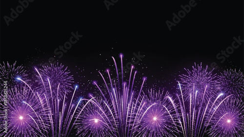 Purple Fireworks Border on Black Background, Bright Celebration Pyrotechnic Burst Display, New Year Festive Night Sky Illustration