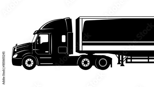 Side view silhouette of a large semi-trailer truck with a long cargo container, isolated white background