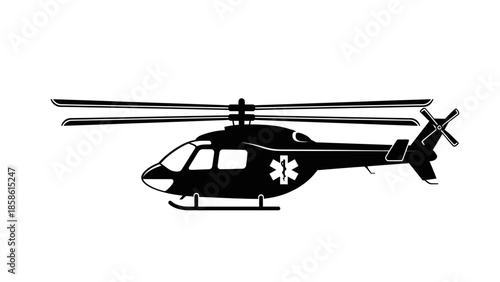 Silhouette of a medical rescue helicopter with an emergency star of life symbol, isolated white background