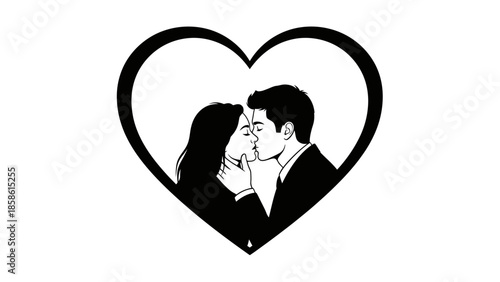 Silhouette of a loving couple, a man and woman embracing and kissing inside a heart shape, isolated white background