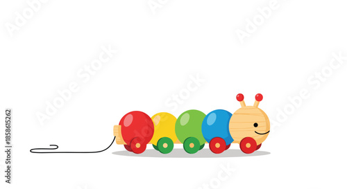 Colorful wooden caterpillar pull-along toy for children with a string for toddlers to play with on a white background.