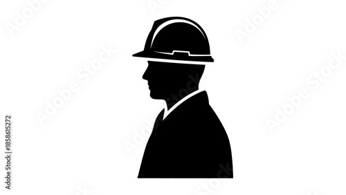 Silhouette of a male construction worker or engineer wearing a hard hat, isolated white background