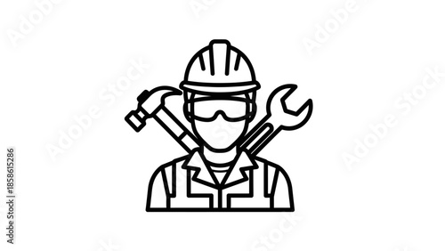 Line art icon of a skilled construction worker or handyman wearing a hard hat and safety glasses, holding a hammer and wrench, isolated white background