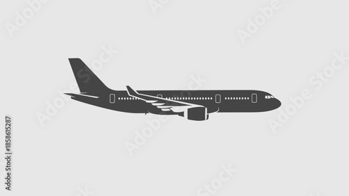 Top view of a passenger airplane in flight, showing wings and tail on a light grey background