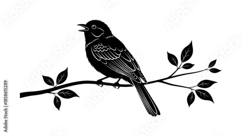 Detailed silhouette of a small bird perched on a leafy branch, looking up and chirping, isolated white background