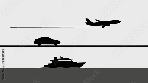 Abstract Illustration of Multimodal Transportation with Airplane, Car, and Boat in a Dynamic Setting