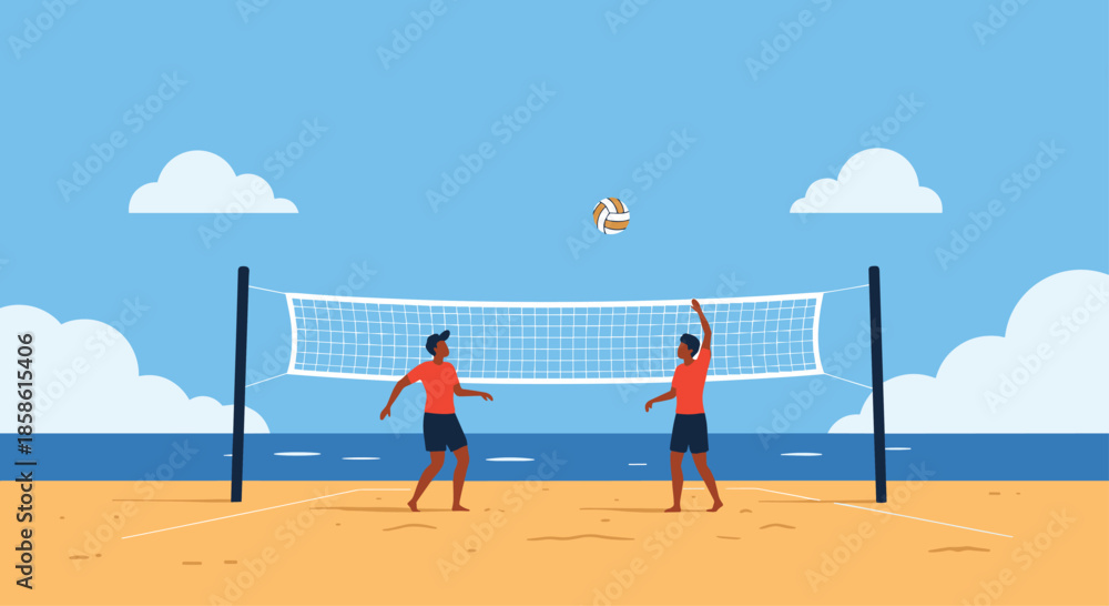 Obraz premium Two young men playing a game of beach volleyball on a sandy court by the ocean on a sunny summer day.