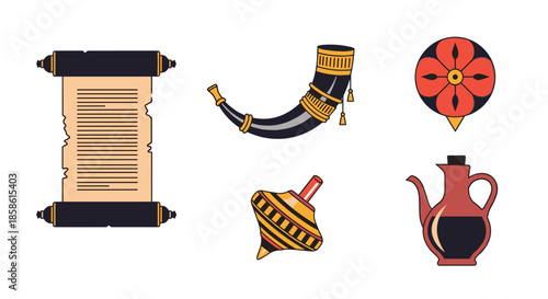 Collection of traditional Jewish holiday symbols including a Torah scroll a shofar a dreidel and a wine jug.