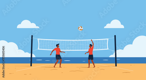 Two young men playing a game of beach volleyball on a sandy court by the ocean on a sunny summer day.