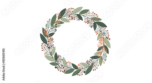 Elegant and simple wreath made of green leaves and delicate berries creating a circular frame for invitations or decor.