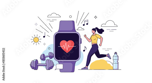 Fitness and technology concept with a woman running next to a large smartwatch displaying her heart rate and gym equipment.