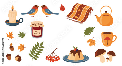 Large collection of cozy autumn season elements including a warm blanket hot tea jam sweet dessert and forest items.