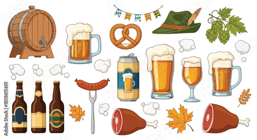 Large collection of traditional Oktoberfest symbols including beer mugs pretzels sausages and other Bavarian festival items.