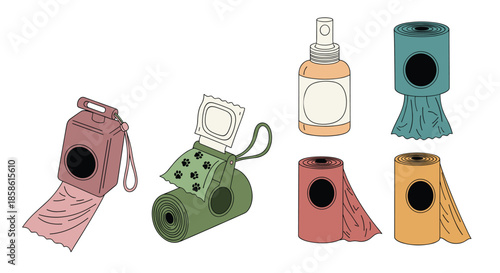 Collection of essential items for cleaning up after a dog including poop bag dispensers rolls of bags and a spray.