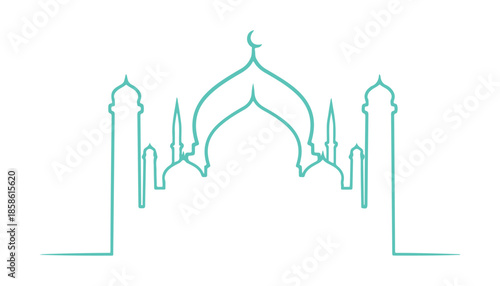 Vector art of a mosque in a minimalist style. Islamic ornamentation in the background.