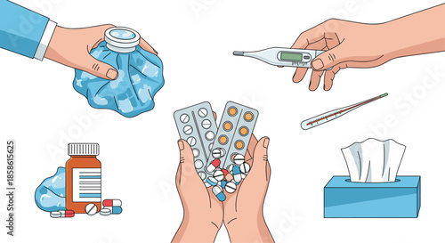 Medical set for treating flu or cold symptoms with hands holding pills a thermometer an ice pack and other items.