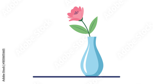 Simple flat design illustration of a single delicate pink flower standing in a sleek light blue glass vase.