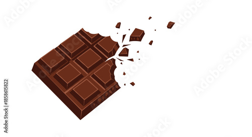 Dark chocolate bar with a bite taken out of it shattering into small pieces on a clean white background.