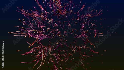 4K Colorful confetti particle explosion effect on a dark background animation effect video. Isolated purple and orange particles motion on a black background, suitable for motion design, overlays, fes