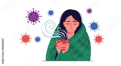 Sick young woman wrapped in a green blanket holding a hot drink with virus molecules floating around her.