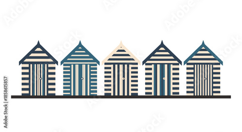 Row of five charming beach huts with striped patterns in shades of blue and cream on a white background.