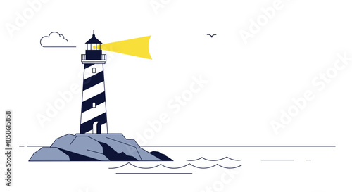 Minimalist illustration of a striped lighthouse on a rocky island shining a beam of light over the sea waves.