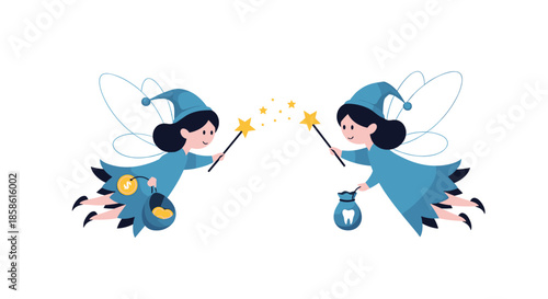 Two adorable tooth fairy characters in blue dresses with wings and magic wands collecting teeth in their magical bags.