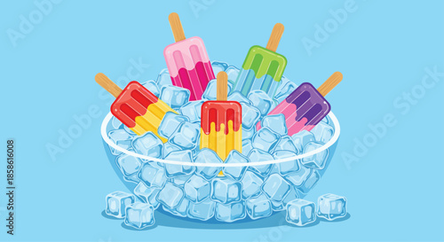 A refreshing glass bowl filled with ice cubes and five colorful fruit popsicles perfect for a hot summer day illustration.