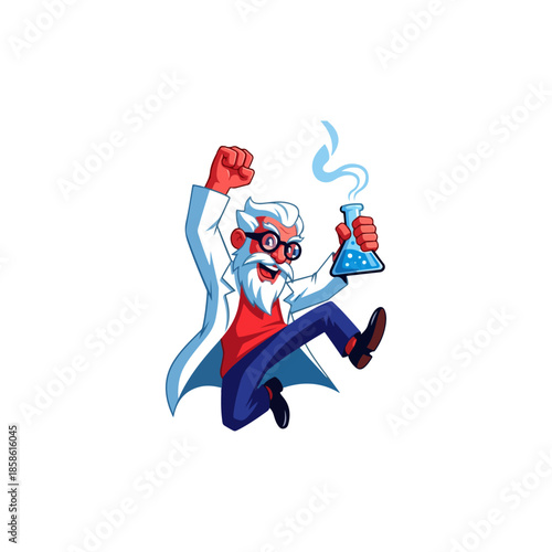 Cheerful Cartoon Scientist Raising Fist With Beaker.