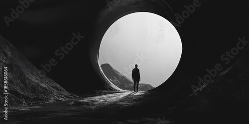 Silhouette of a lone person walking toward light in a dark tunnel, minimal surreal scene