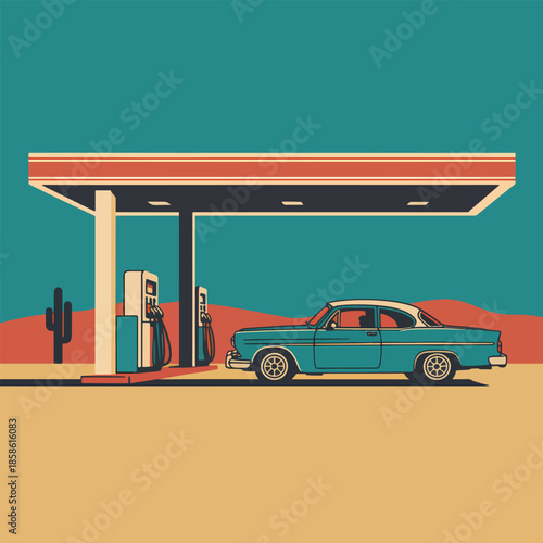 Vintage teal car refueling at a retro-style gas station in a desert landscape with a cactus and clear turquoise sky.