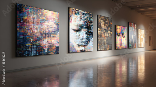 Title: Modern art gallery interior with colorful digital paintings and spotlights on gray walls