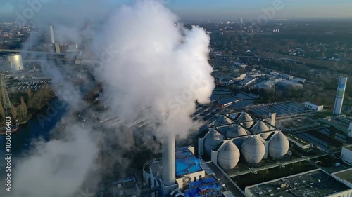 sewage treatment plant Industrial emitting smoke. Dramatic aerial view drone