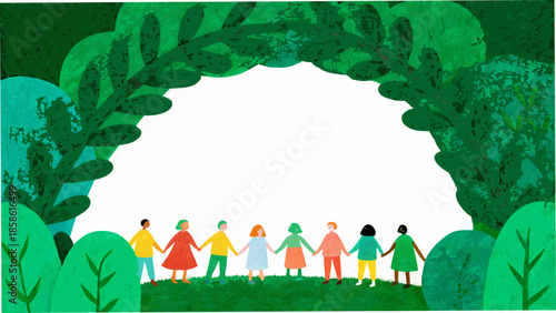 A group of people holding hands amidst lush green foliage and nature